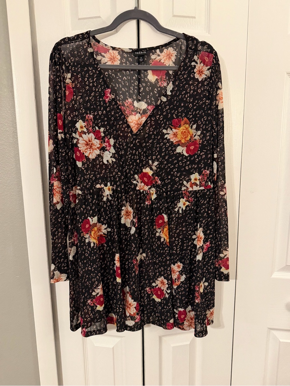 torrid Black Floral V-Neck Blouse with Red and Cream Blooms